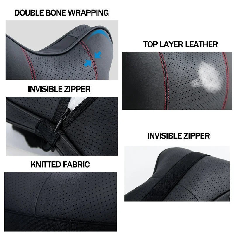 Diagrams showing the construction layers of an ergonomic car neck pillow including double bone wrapping, top layer leather, i