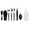 A set of black succulent and bonsai gardening tools including various small hand tools and a spray bottle.