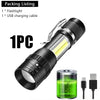 A black high-power rechargeable LED flashlight is shown with a digital display and an attached USB charging cable.