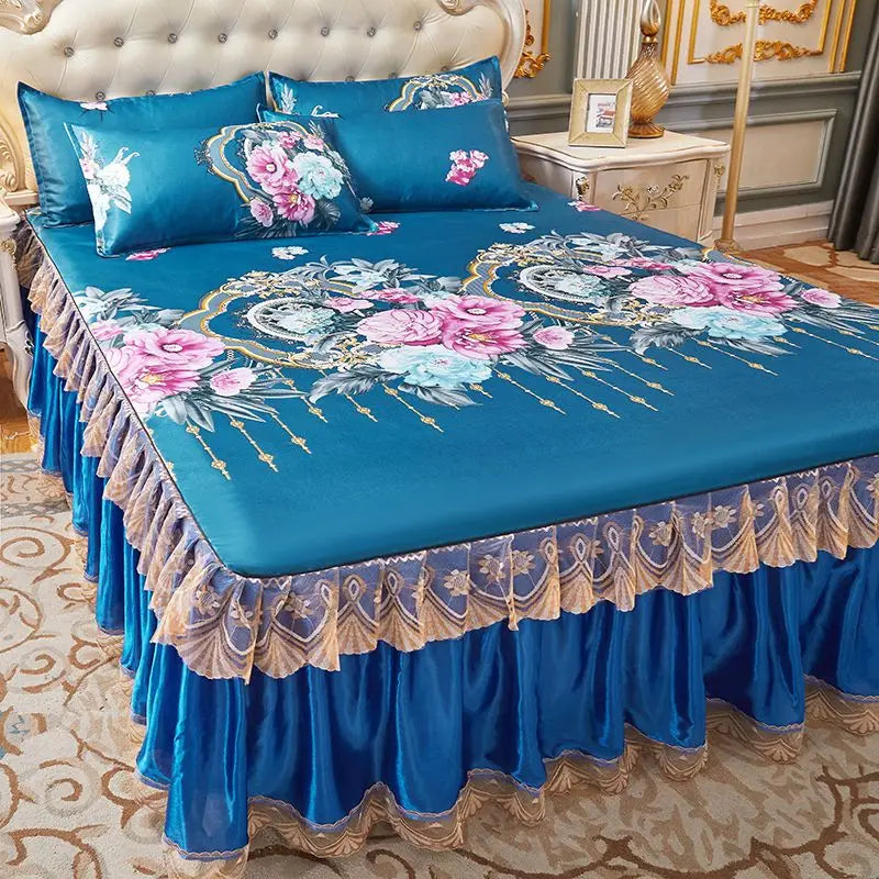 4-Piece Royal Blue Bedding Set with Bed Skirt and Pillow Covers