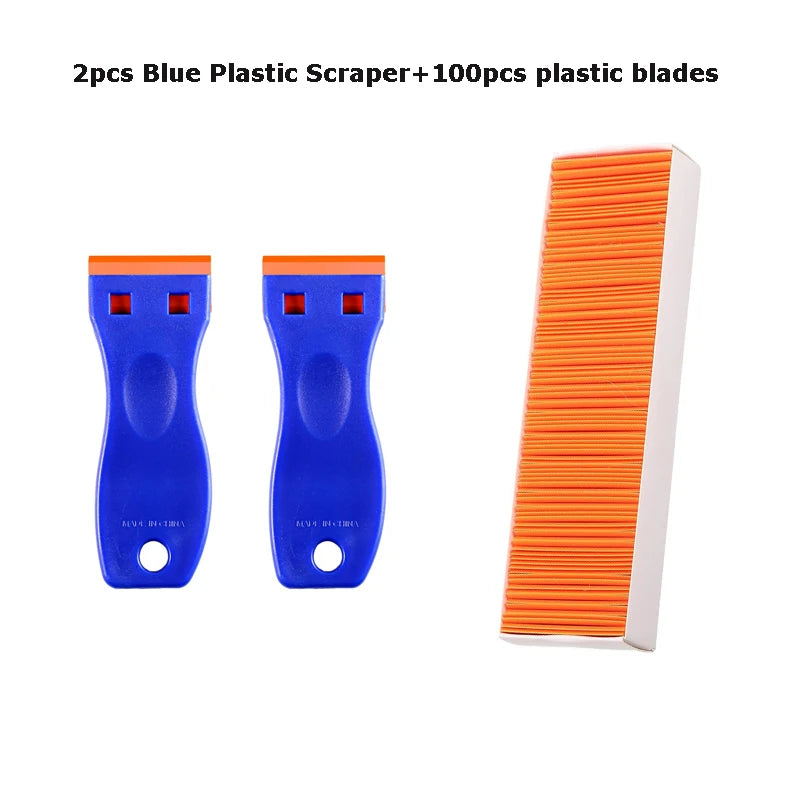 Two blue plastic scrapers and one orange plastic blade are shown for removing stickers and labels.