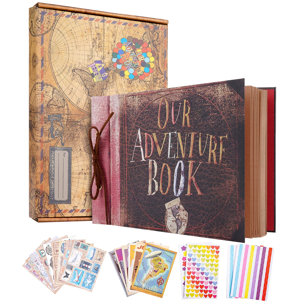 Handgemaltes Kraft-Scrapbook-Album mit dekorativen Seiten und farbenfrohen Papierelementen