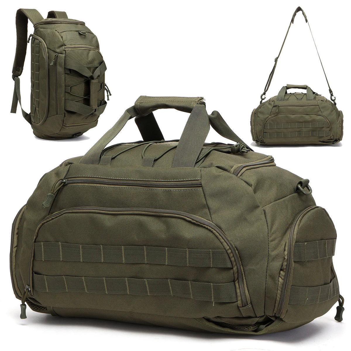 Olive green tactical gym backpack with a shoe compartment and multiple compartments