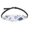 A white baby car seat sleeping headrest with a black adjustable belt strap and cute cloud patterns.