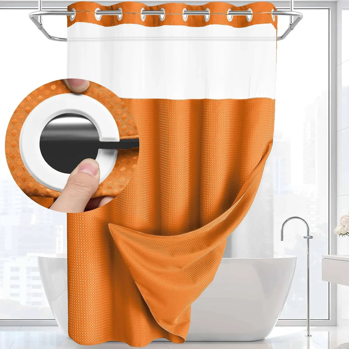 Double-Layer Waffle Shower Curtain with Built-in Snap Liner