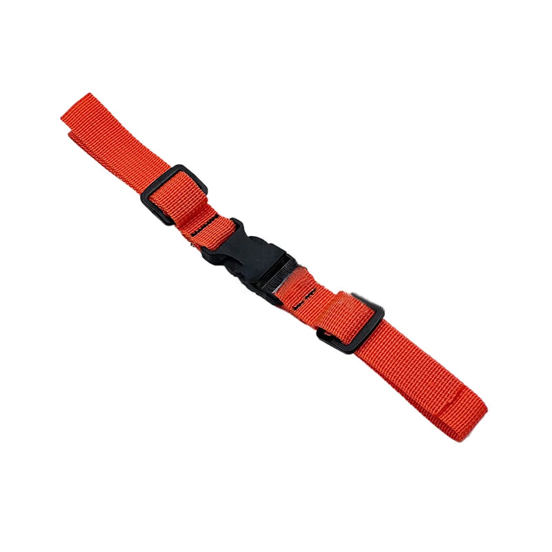 An adjustable backpack chest strap featuring bright orange and black webbing.
