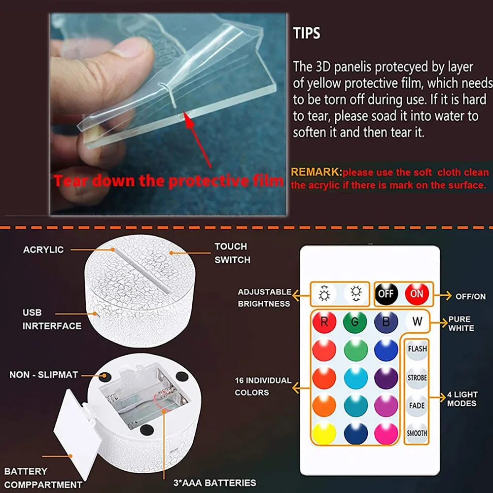 A sports night light device showing various color options and a protective film being torn off.
