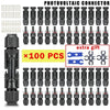 A collection of photovoltaic connectors in various sizes and types, packaged as a 100 piece kit.