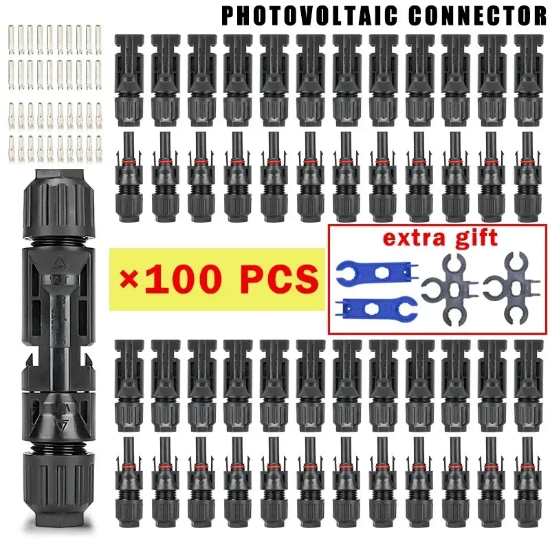 A collection of photovoltaic connectors in various sizes and types, packaged as a 100 piece kit.