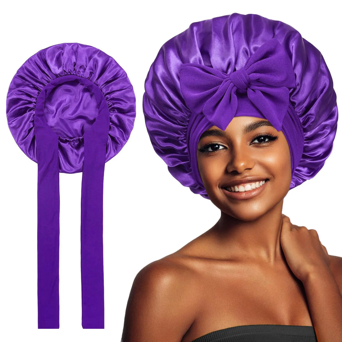 Purple satin silk sleep bonnet with a bow shown on a model's head