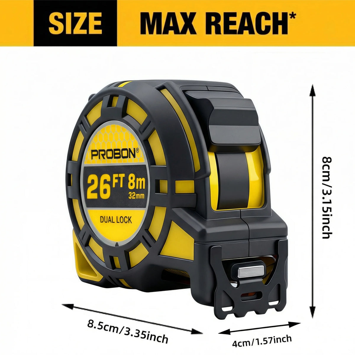 Professional 8m/26ft Tape Measure with Magnetic Hook and Belt Clip