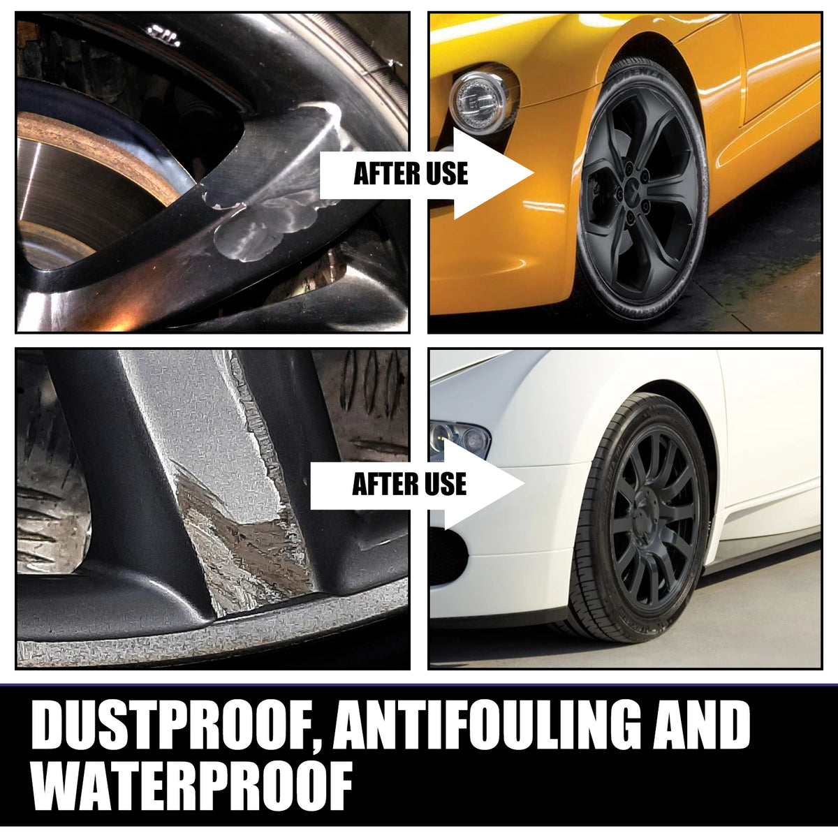 Demonstration of a scratch repair kit showing before and after results on car wheels.