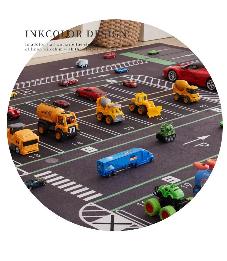 A play mat featuring various cartoon cars and vehicles for kids to use in a nursery or playroom.