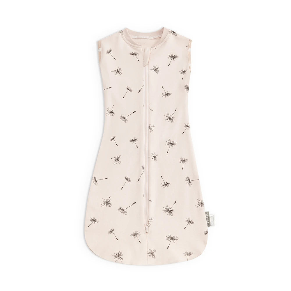 A light beige breathable cotton baby sleep sack with small floral embroidery.