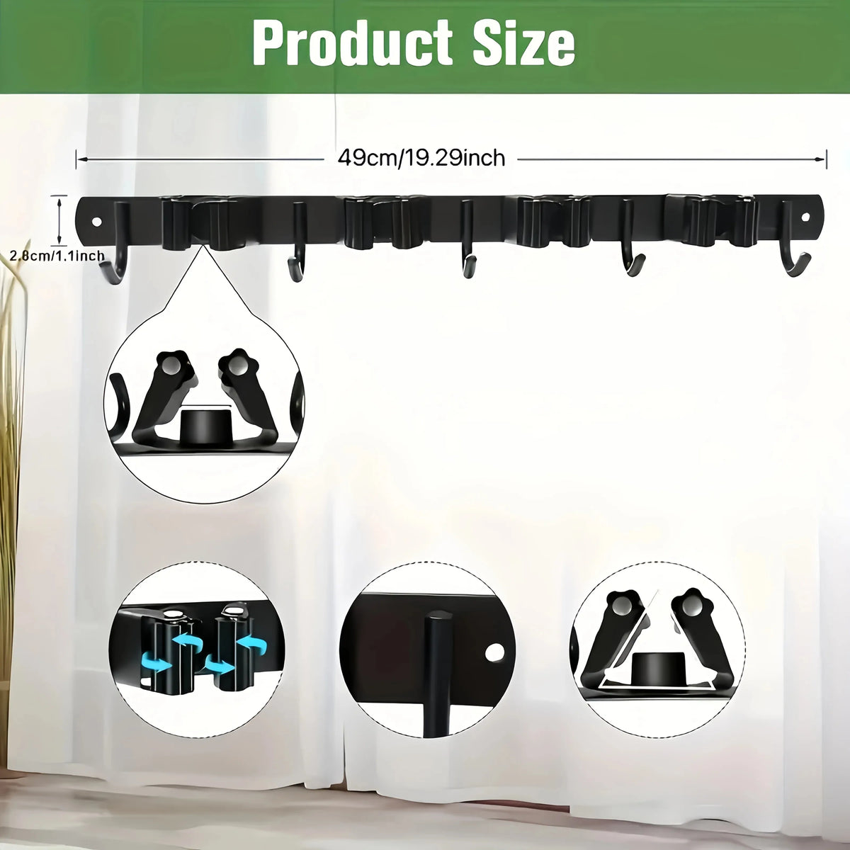 Black heavy-duty wall-mounted tool rack with 4 slots and 5 hooks shown in various views