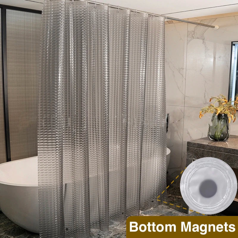 Clear silicone shower curtain liner with magnets shown in a bathroom setting