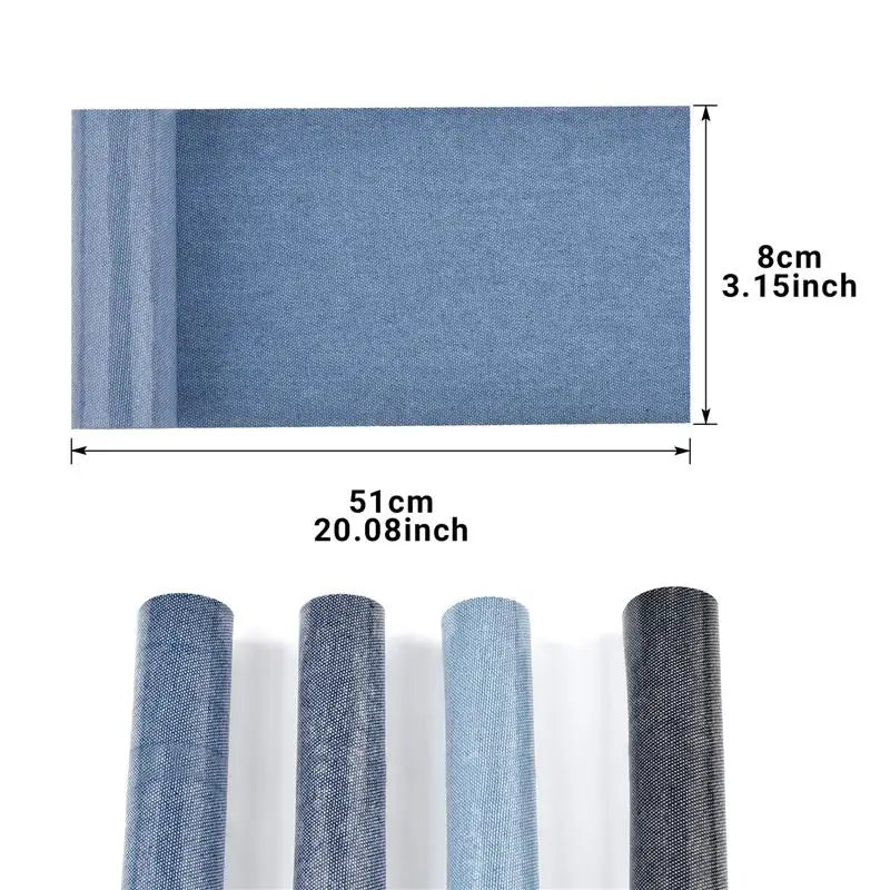 A rectangular piece of denim fabric showing a light blue color and vertical stripes, with a rolled-up version shown below.