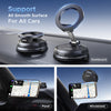 A magnetic car phone mount with a suction cup is shown mounted on a car dashboard and a windshield.