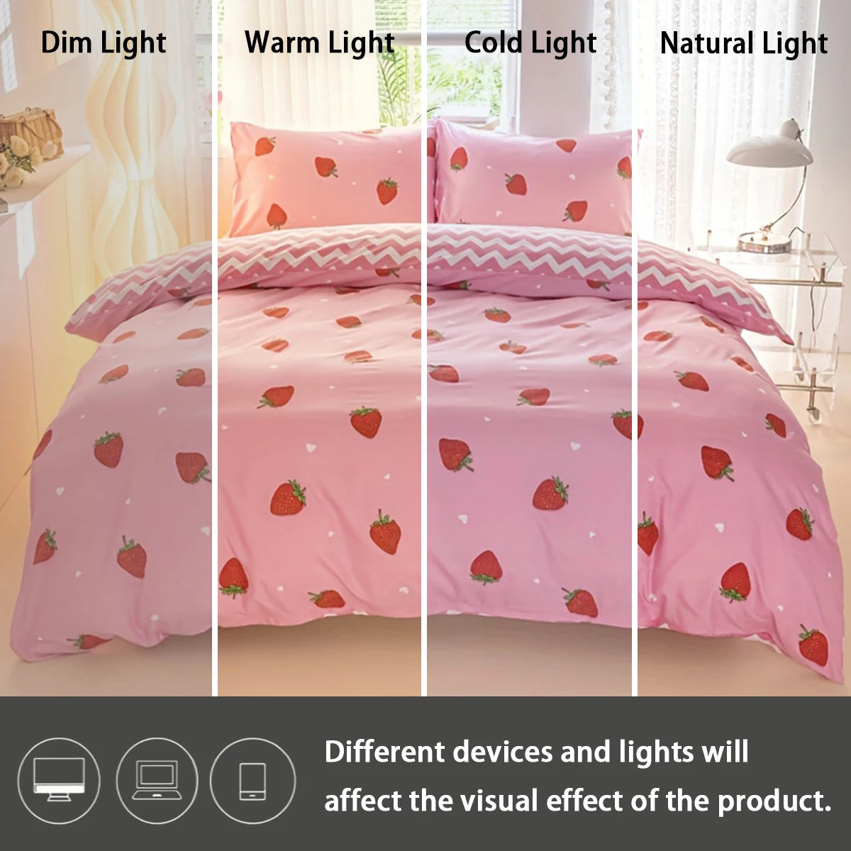 Pink strawberry print duvet cover set and pillowcases shown in dim, warm, cold, and natural light settings.