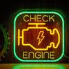 A neon sign illuminating a stylized engine icon on a wooden surface.