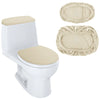 A white toilet with a beige stretchable seat and matching dust-proof tank cover shown next to the components.