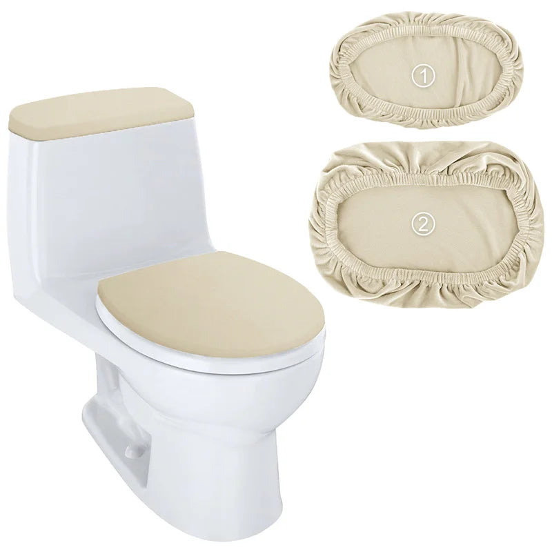 A white toilet with a beige stretchable seat and matching dust-proof tank cover shown next to the components.