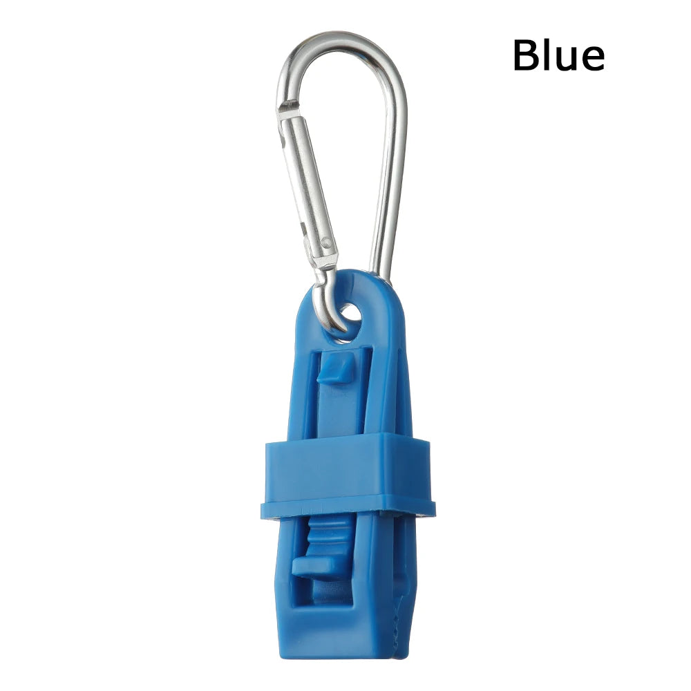 Blue durable glove clip with an ergonomic grip and metal hook.