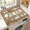 A retro laundry room washer and dryer top cover with non-slip protection featuring various glass and fabric items.