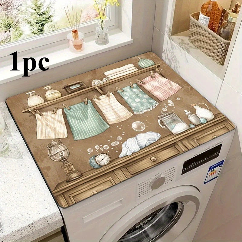 A retro laundry room washer and dryer top cover with non-slip protection featuring various glass and fabric items.