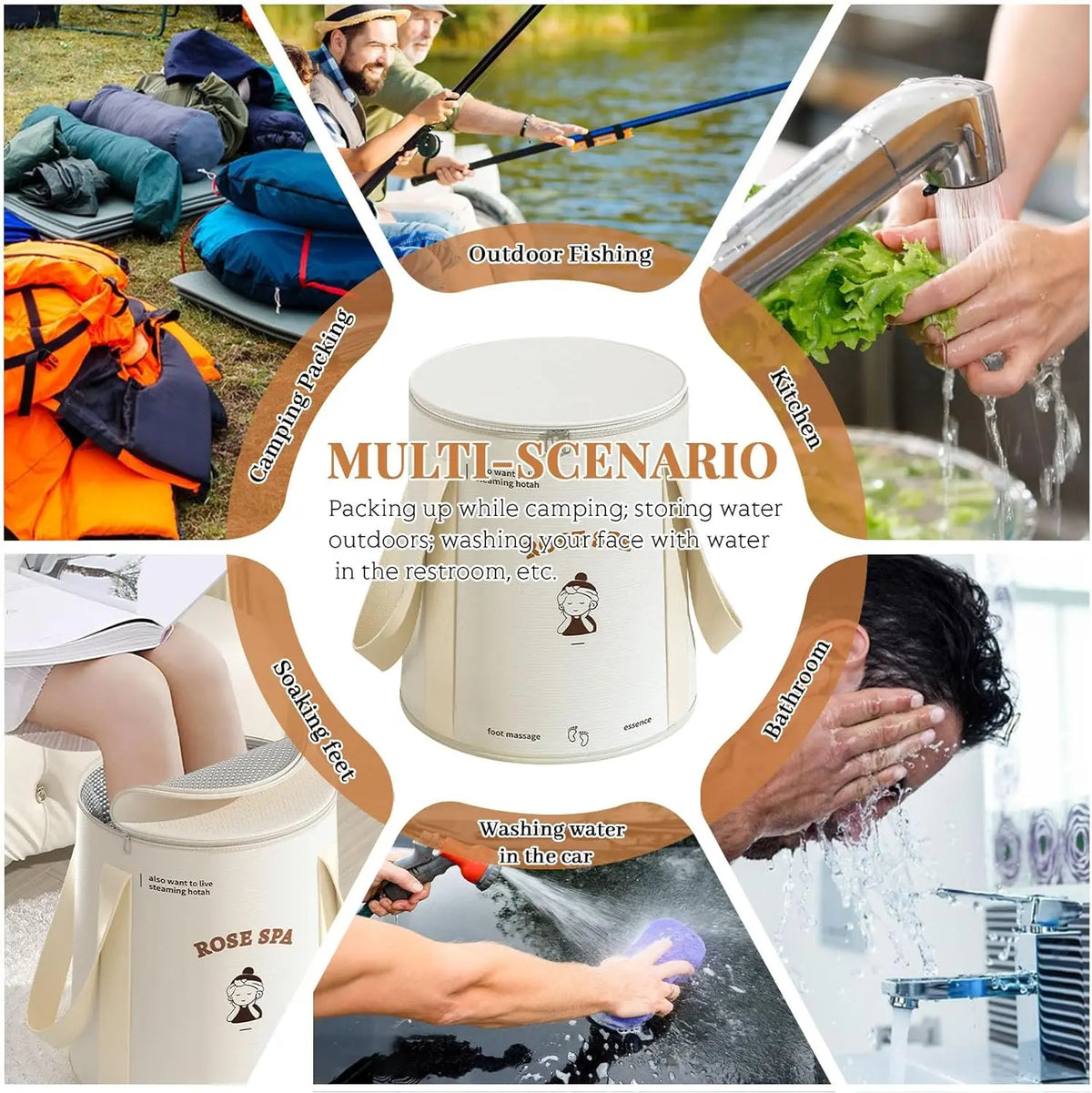 A foldable foot bath basin with a lid and storage bag is shown in various outdoor and bathroom contexts.