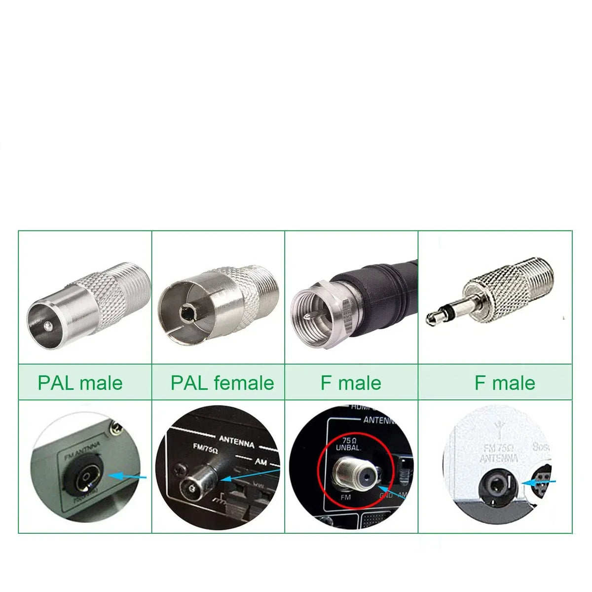 Set of radio antennas including PAL male, PAL female, F male, and F male with magnetic bases