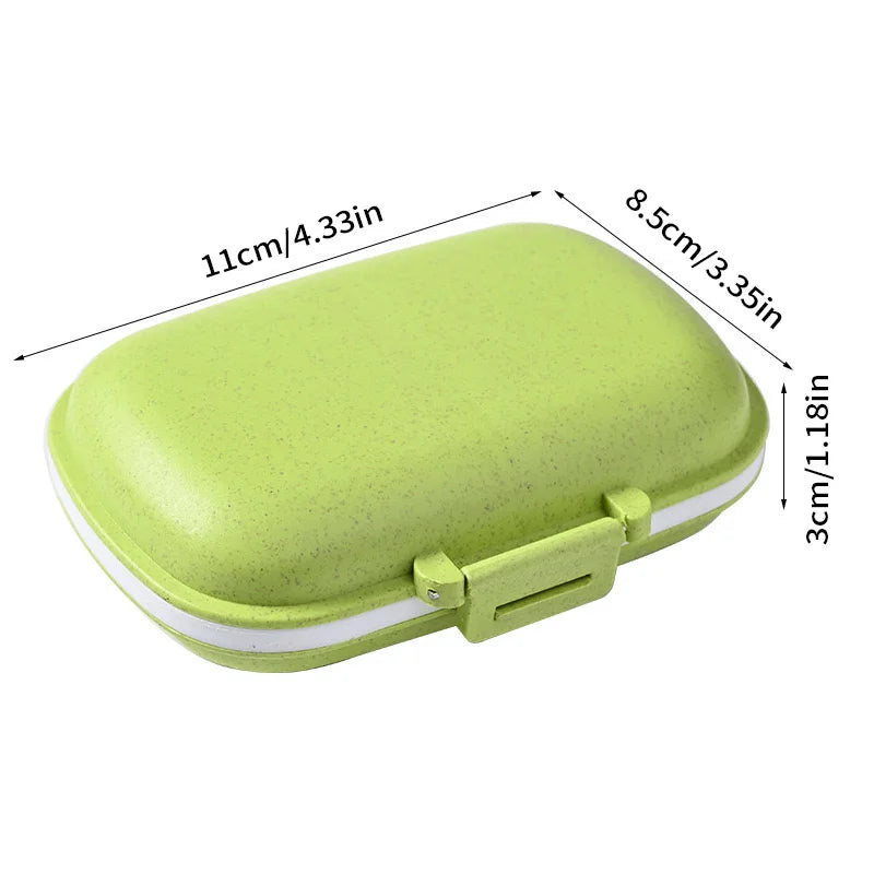 A lime green weekly pill organizer with eight compartments shown from above.