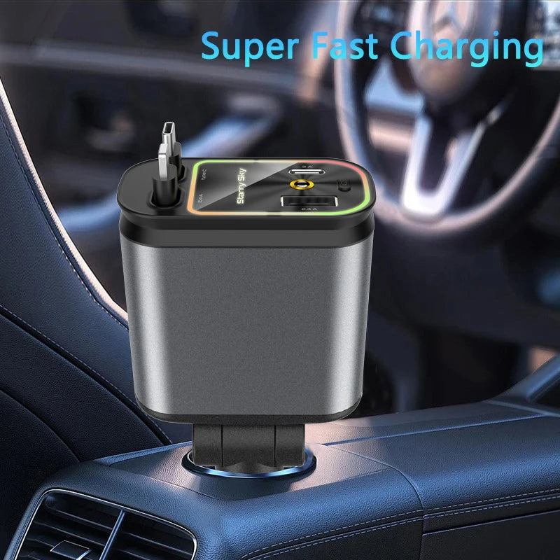 4-in-1 Car Charger with Retractable Cable and Light