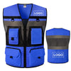 A blue high-visibility safety vest with black trim, pockets, and a reflective logo patch on the chest.