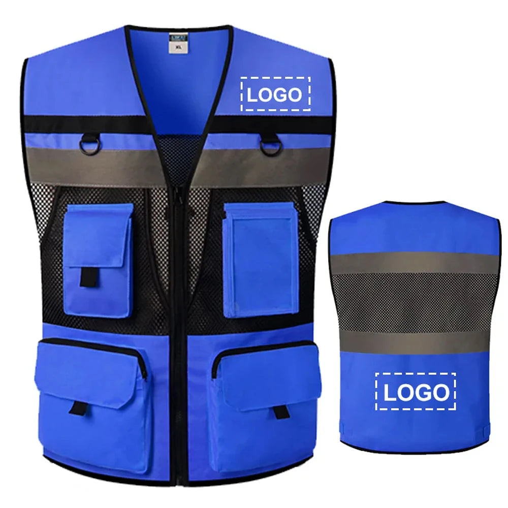 A blue high-visibility safety vest with black trim, pockets, and a reflective logo patch on the chest.