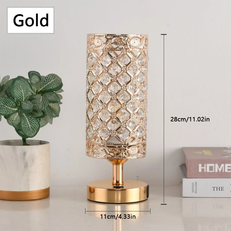 Gold crystal touch sensor table lamp with diamond pattern and USB charging ports