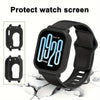 A black silicone watch band and protective case for a smartwatch, shown next to its disassembled parts.