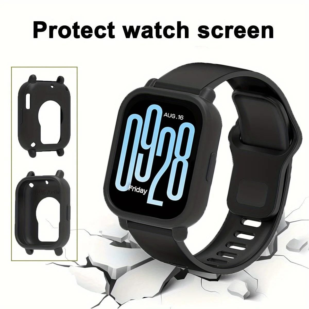 A black silicone watch band and protective case for a smartwatch, shown next to its disassembled parts.
