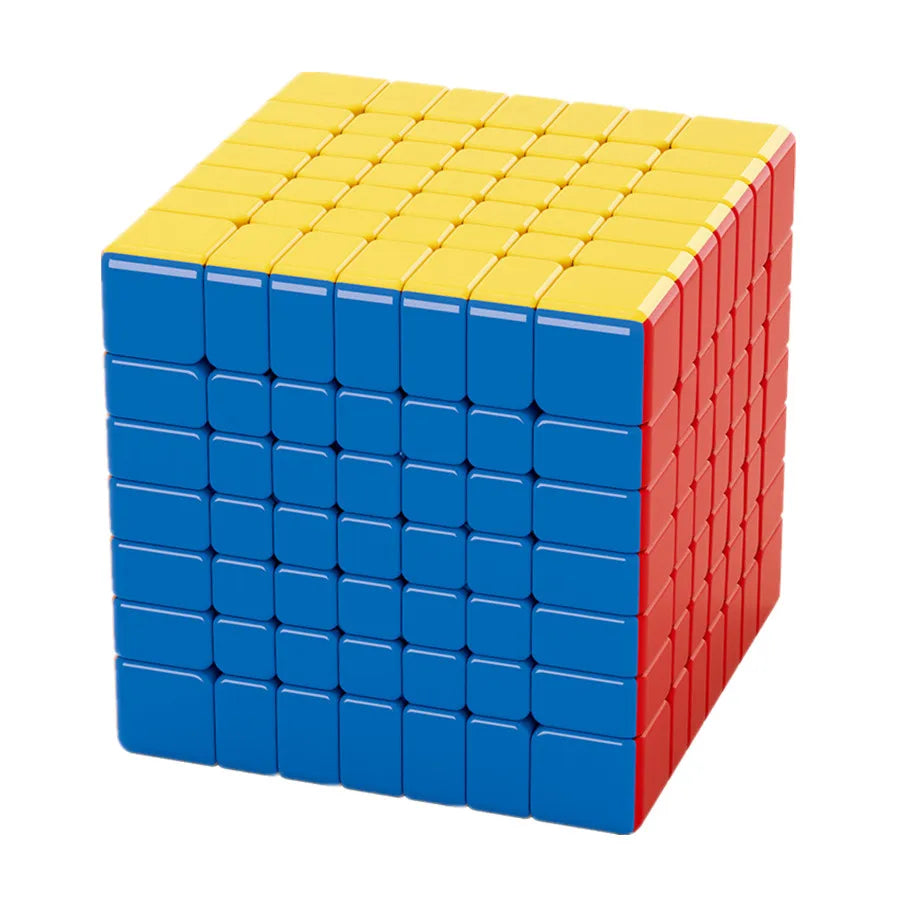 A cube puzzle with yellow and blue blocks stacked in a grid formation.