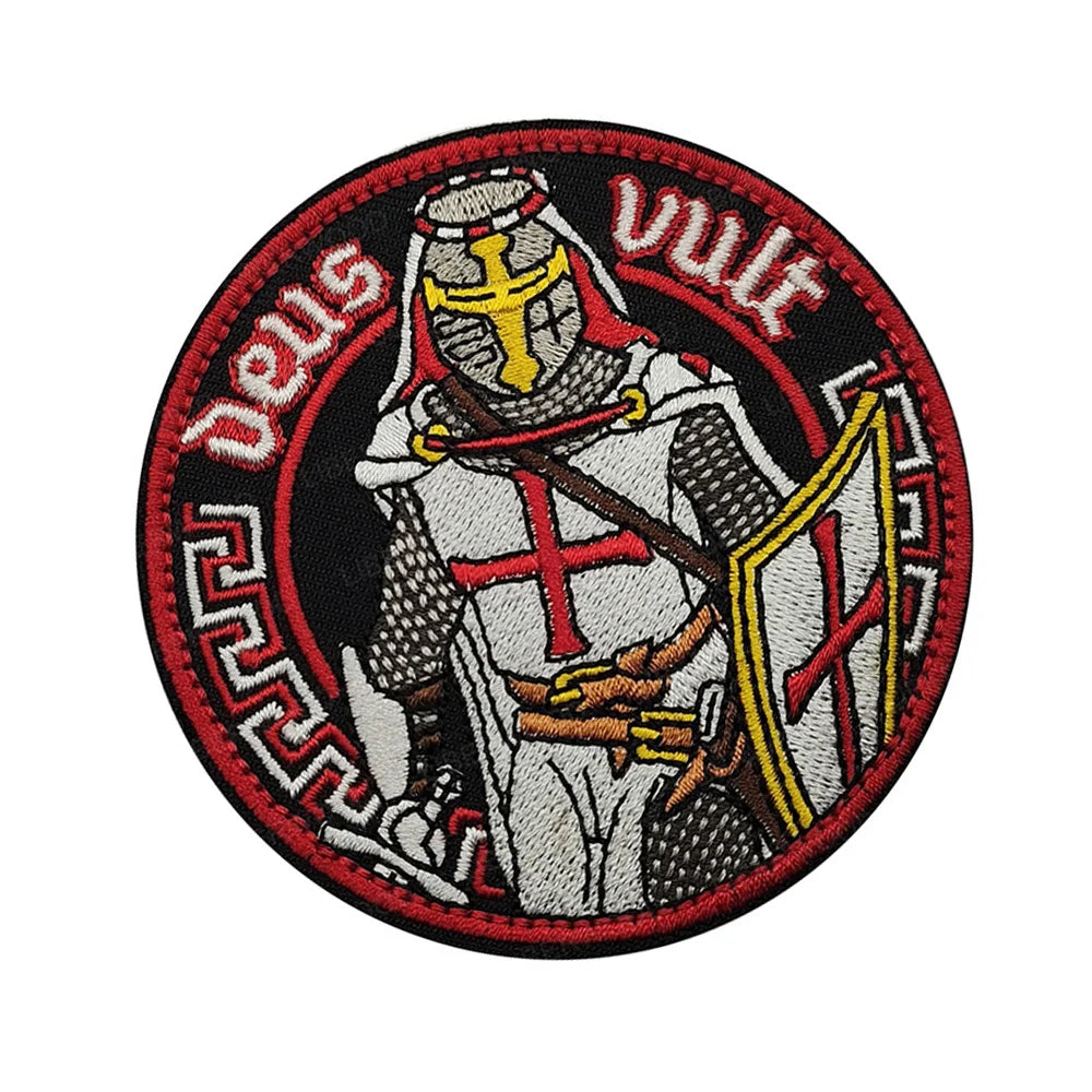 Embroidered Crusader Knight tactical patch featuring a knight in armor with a cross and a shield.