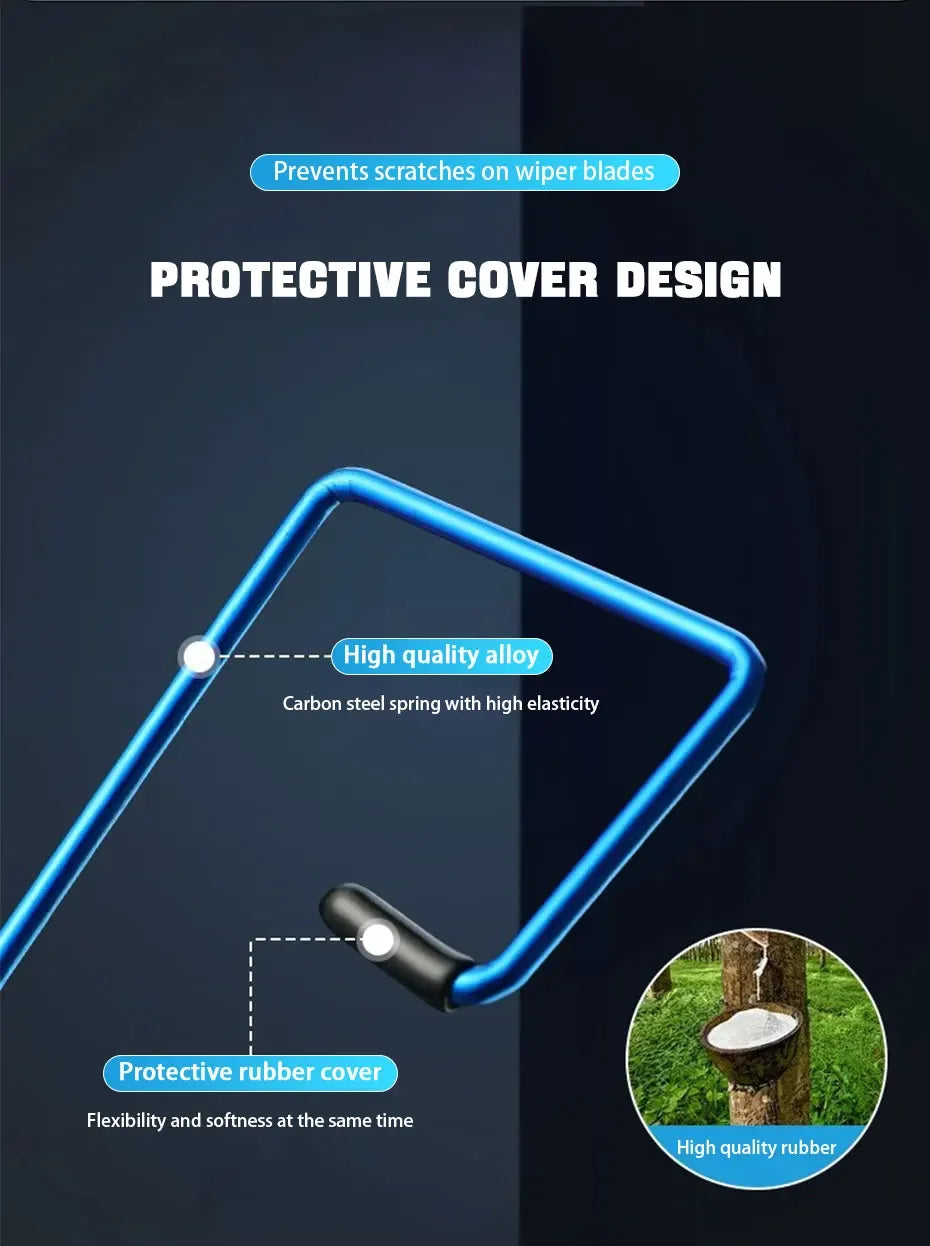 Close-up of a blue protective cover design for a wiper blade, showing a high quality alloy spring and a protective rubber cov