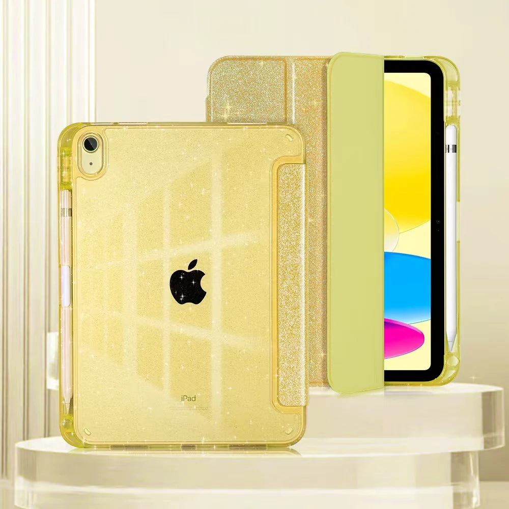 Geliches Glitzer-Hülle und Standabdeckung für ein iPad Pro auf weißem Sockel.
