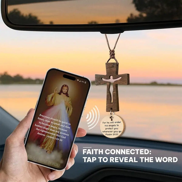 Wood Cross Car Rearview Mirror Pendant with Bible Verse