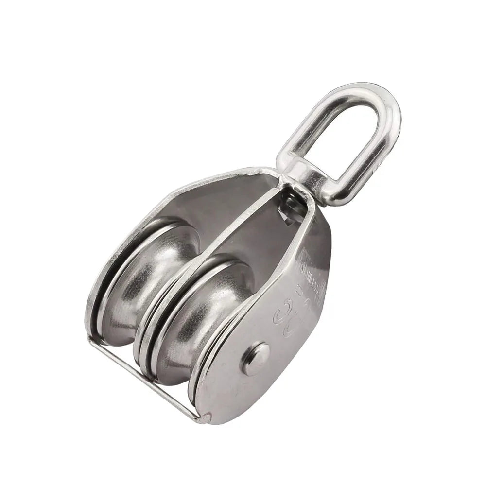 A heavy duty swivel double pulley block made of 304 stainless steel.