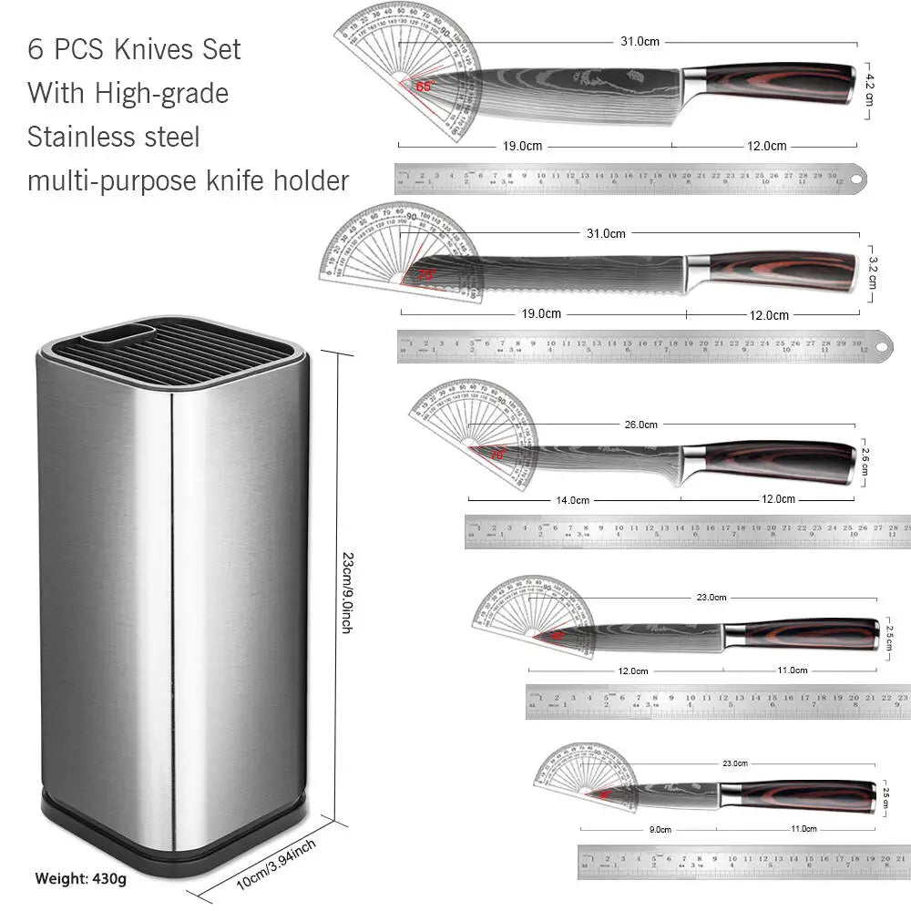 A set of six stainless steel kitchen knives with wooden handles and a multi-purpose knife holder.