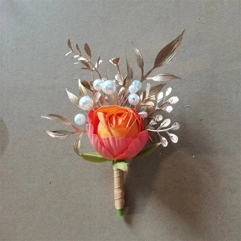 Burnt Orange Silk Boutonniere Set for Wedding Groom and Groomsmen