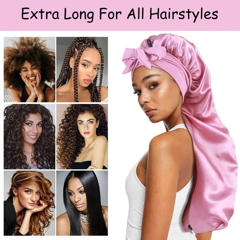 A model wears a pink satin sleep bonnet with an adjustable tie, highlighting its silky texture and fit.