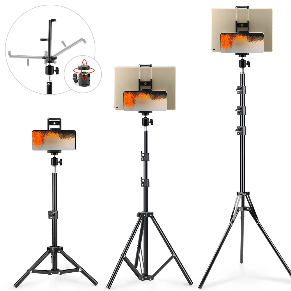 Adjustable aluminum tripod stand for tablets and phones shown in various configurations.