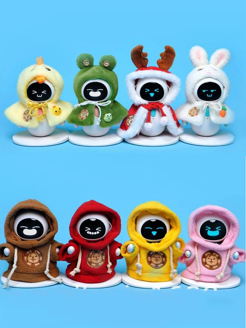 A set of five plush robot outfits featuring various animal ears and colorful cloth apparel for companions.