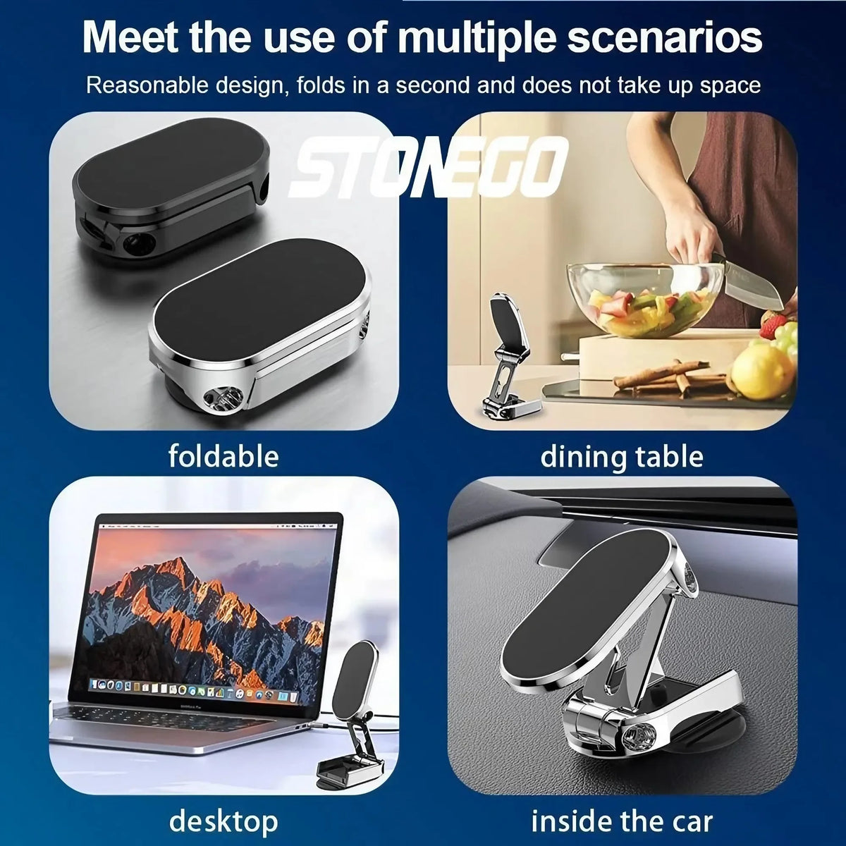 A magnetic phone mount is shown in various contexts including on a desk, inside a car, and on a dining table.